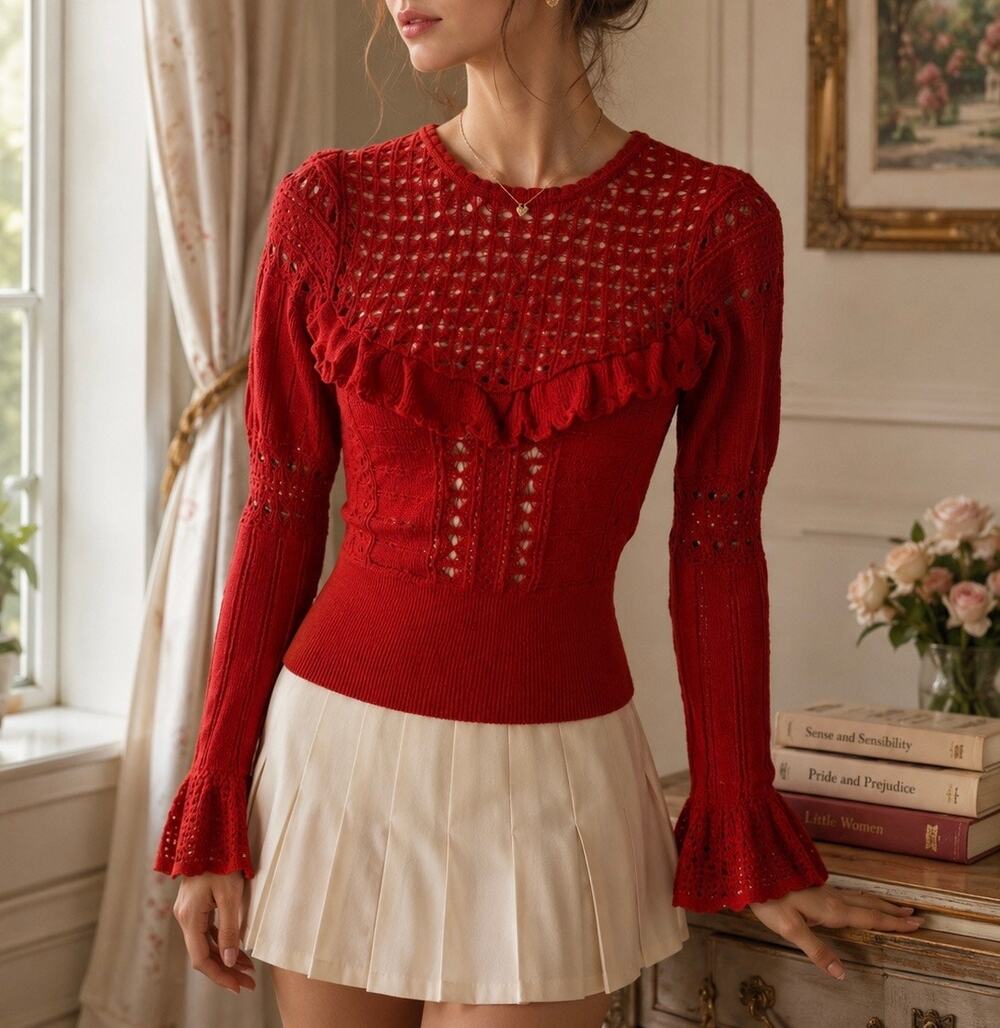 Self-Portrait Red Pointelle Knit Ruffle Sweater Romantic Preppy Lace Size Small